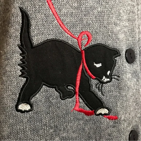 Vintage Holiday Embroidery Kitty Ugly Sweater Christmas Button Festive 90's Y2K - Picture 10 of 16